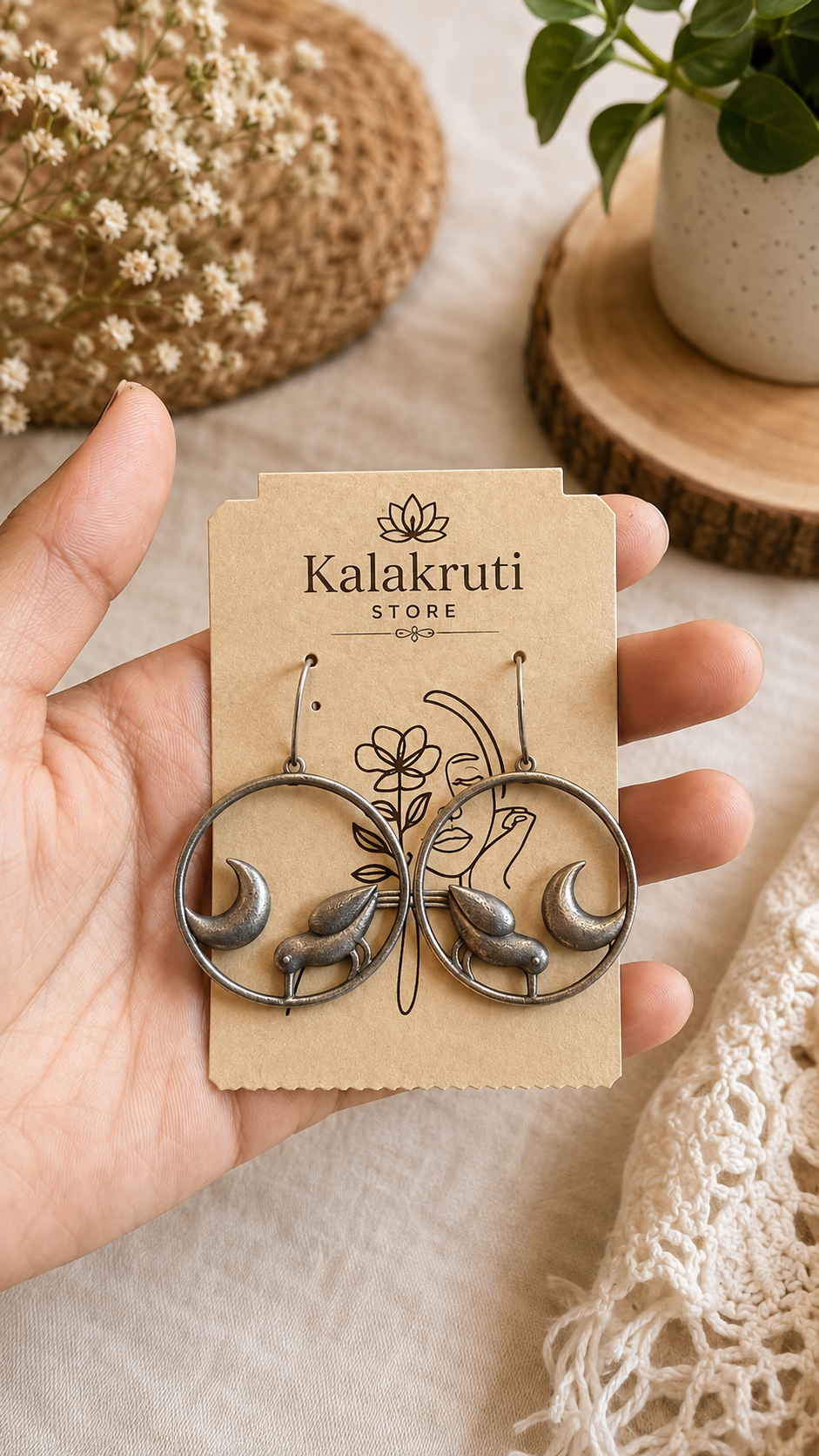 Moon & Bell Oxidized Hoop Earrings