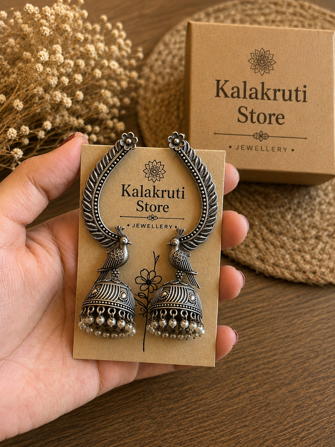 A hand holds a pair of ornate silver-toned Jhumka earrings on a branded display card, with a brown kraft box reading Kalakruti Store in the background on a wooden surface.