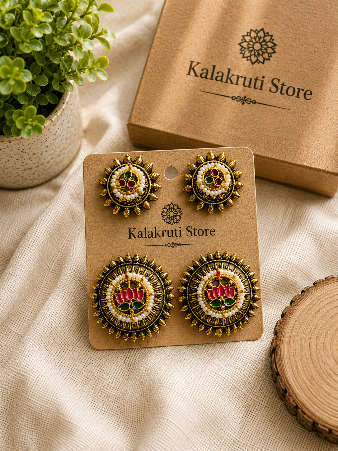 A pair of ornate gold-toned statement earrings displayed on a brown kraft card labeled Kalakruti Store, with the matching box and a small potted plant in the background on a beige fabric surface.