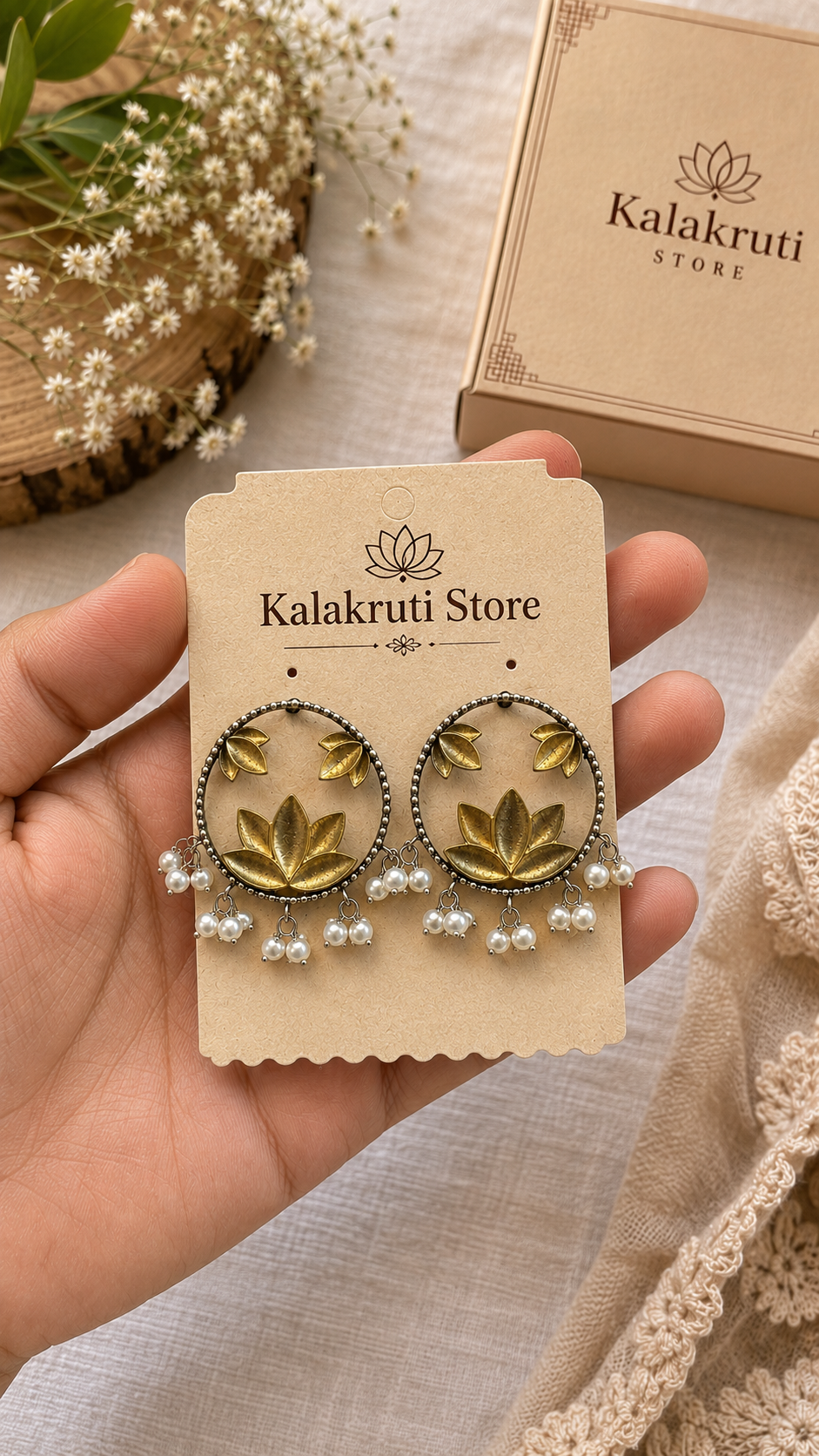 Golden Lotus Pearl Oxidized Earrings