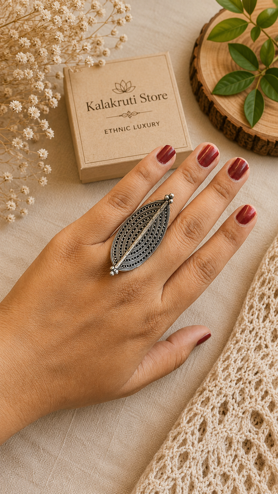 A hand with dark red nail polish wears a silver-toned leaf-shaped ring with a central rod and small bead accents. A kraft paper box labeled 'Kalakruti Store' sits nearby on a beige fabric surface with dried flowers, a wood slice, and a cream lace textile.