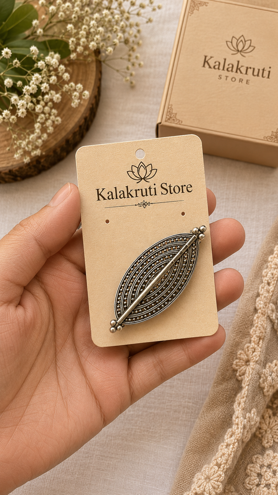 A hand holds a Kalakruti Store brand display card featuring a silver-toned leaf-shaped brooch with intricate filigree detailing. The background is styled with a wooden box, dried flowers, and a beige lace textile.