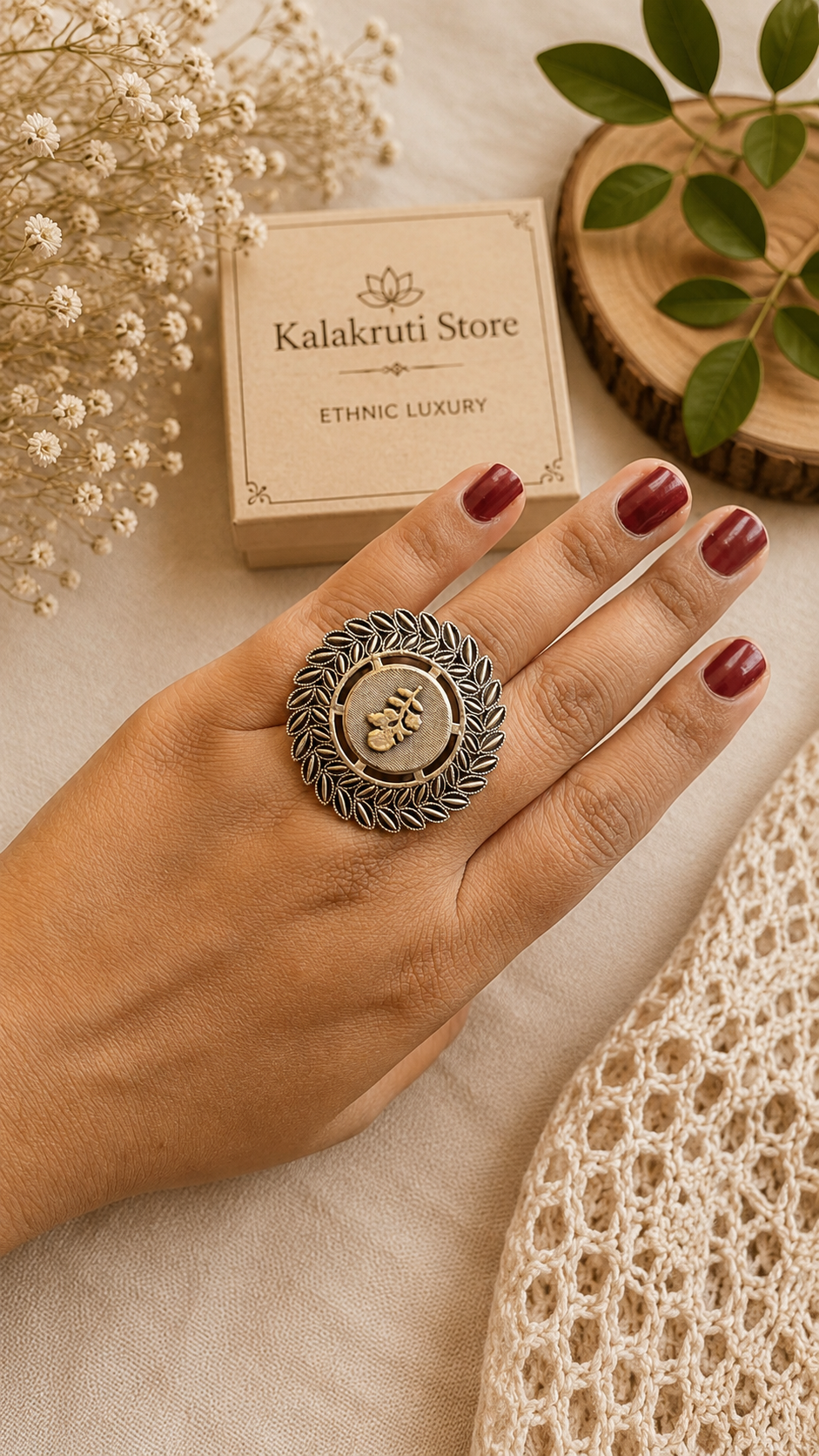 Leaf Mandala Oxidized Brooch Ring