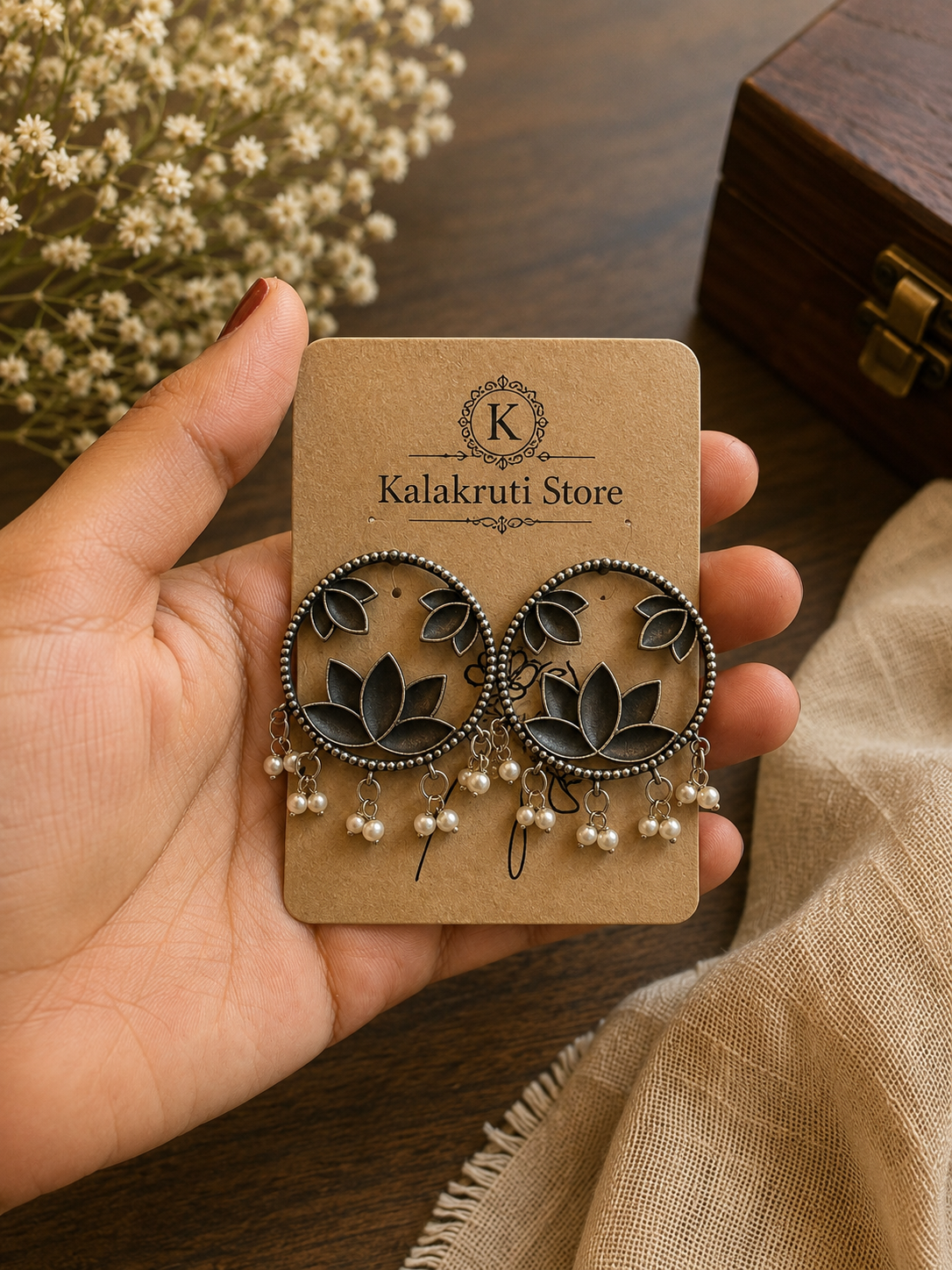 Lotus Pearl Oxidized Earrings