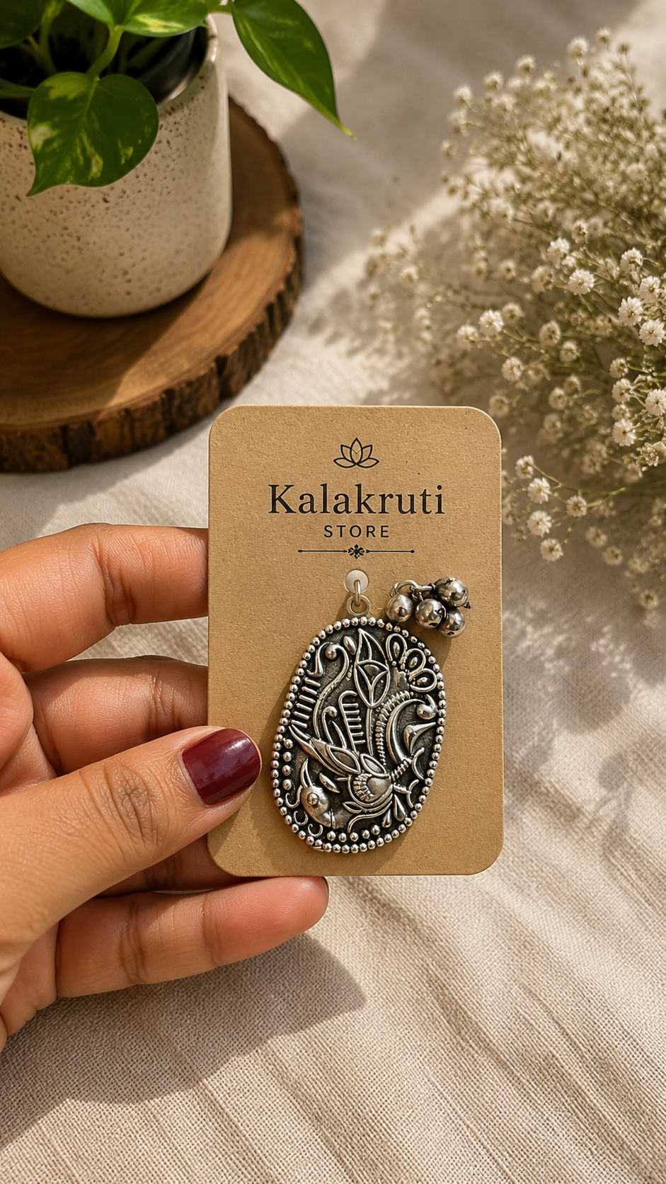 A hand with dark burgundy nail polish holds a tan card displaying an oval silver pendant engraved with a bird and floral motif. The card is branded 'Kalakruti Store'.
