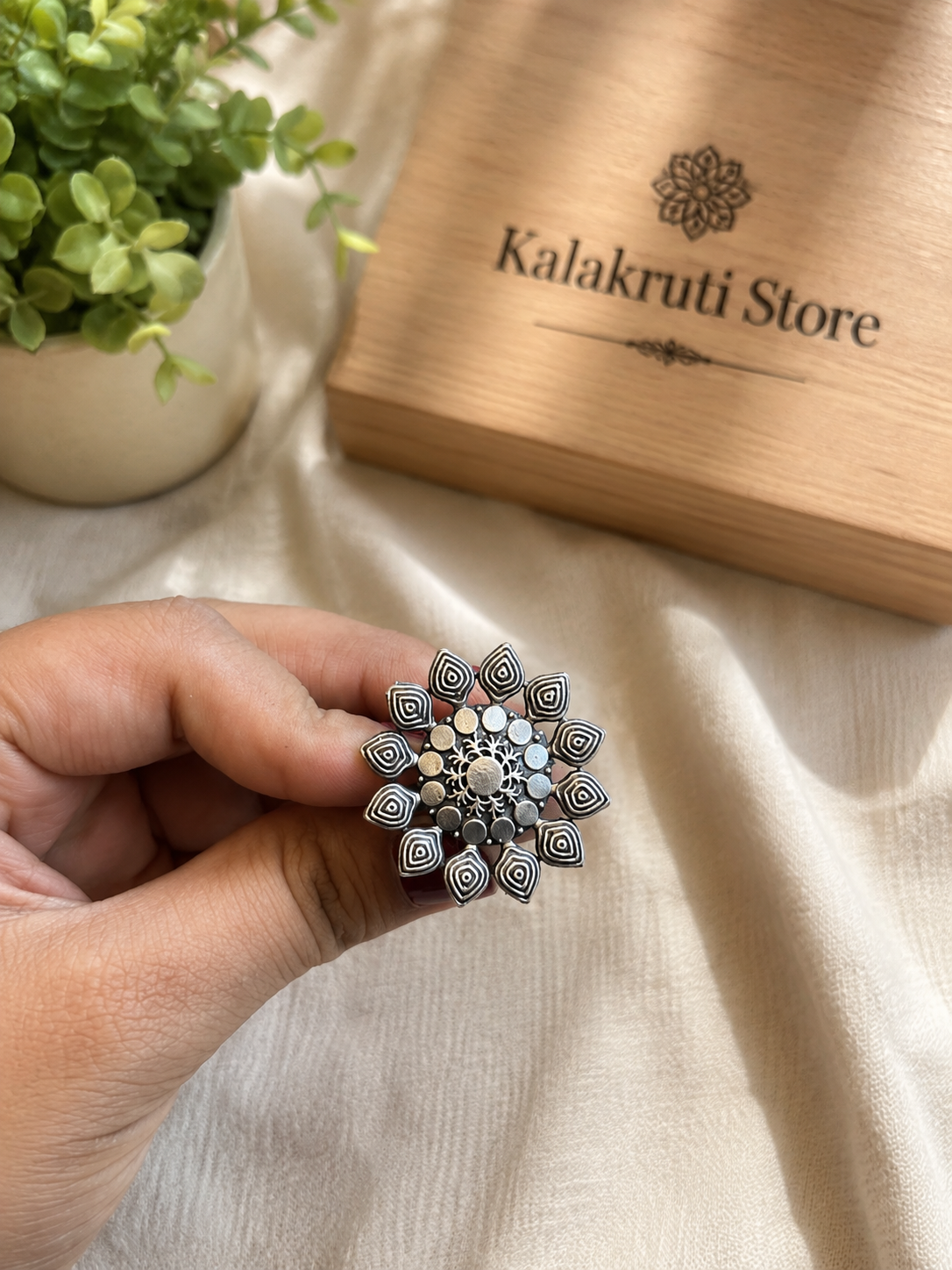 Sunflower Mandala Oxidized Ring